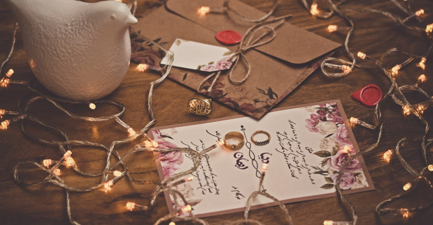 Wedding Cards sitting on brown table