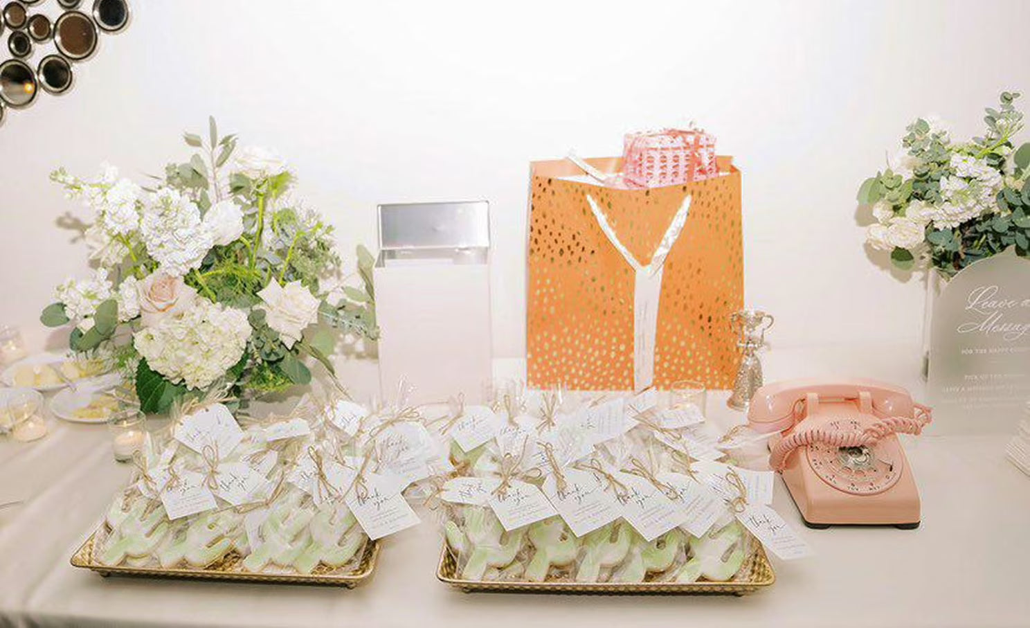 Bridal shower reception table with edible arrangements