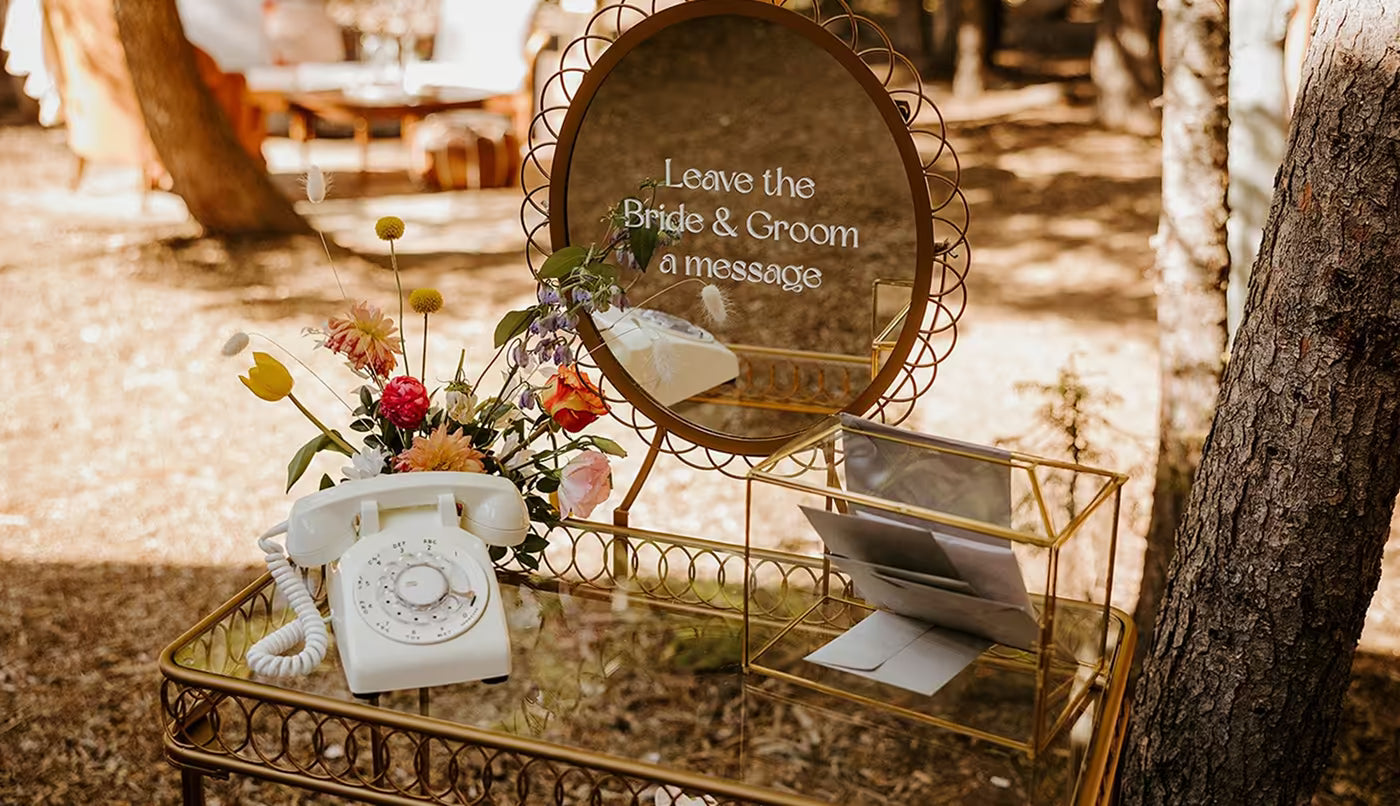 white phone audio guestbook at autumn wedding table
