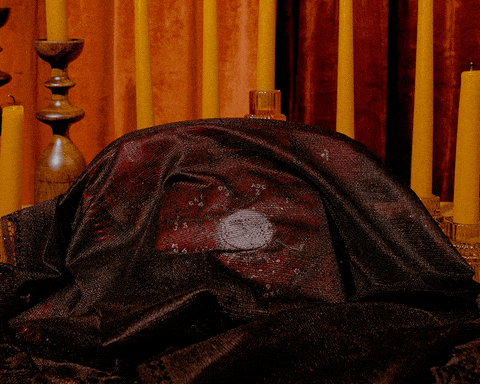 an animated gif video showing a red rotary phone and various decorations around it on a table.