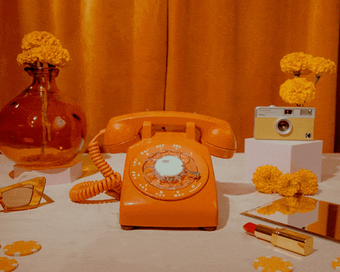 an animated gif video showing an orange rotary phone audio guestbook and various decorations around it on a table and hands interacting with it.