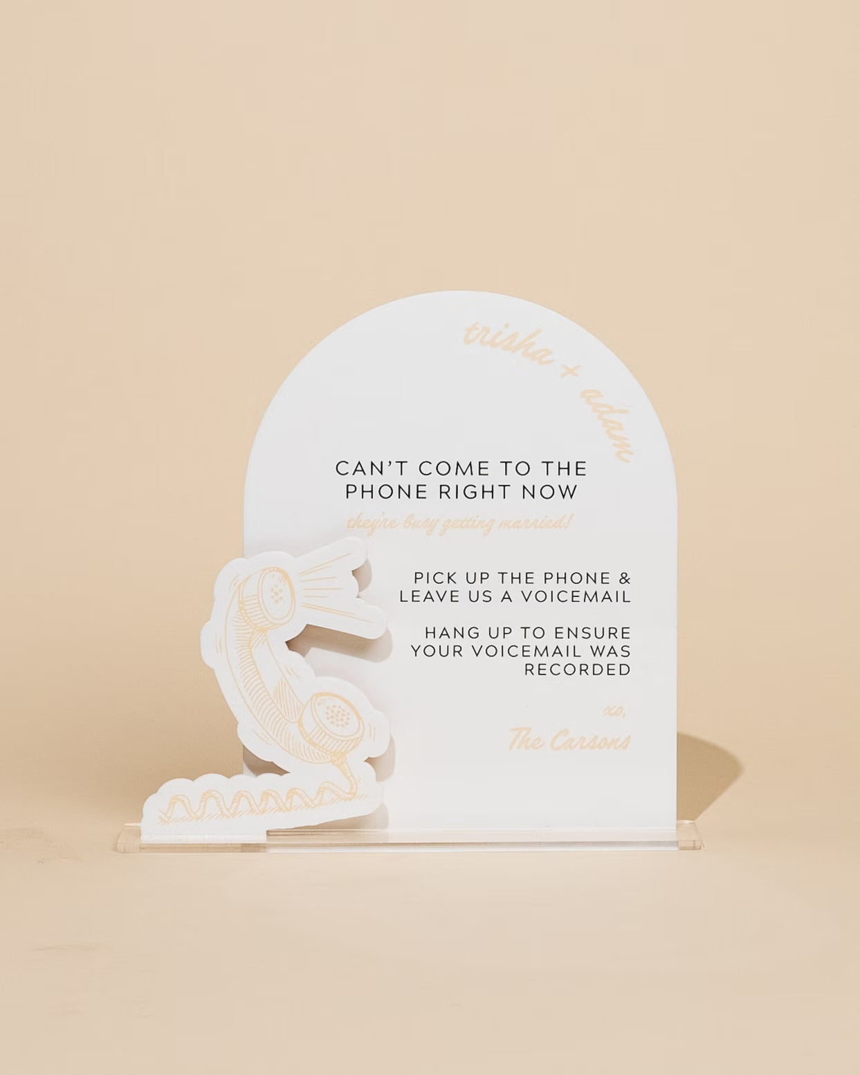 Phone message responder card with a rabbit illustration on a beige background