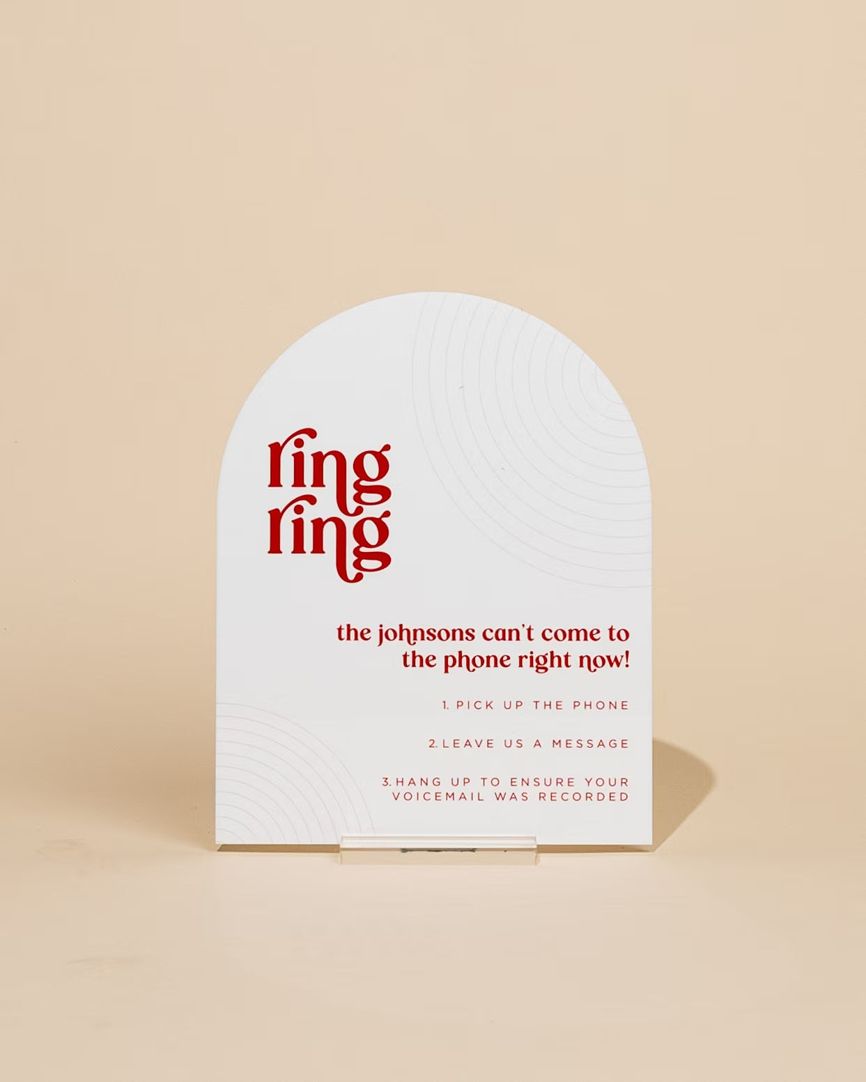 White voicemail greeting card with red text on a beige background