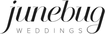Logo for 'Junebug Weddings' with decorative text on a transparent background