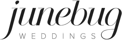 Logo for 'Junebug Weddings' with decorative text on a transparent background