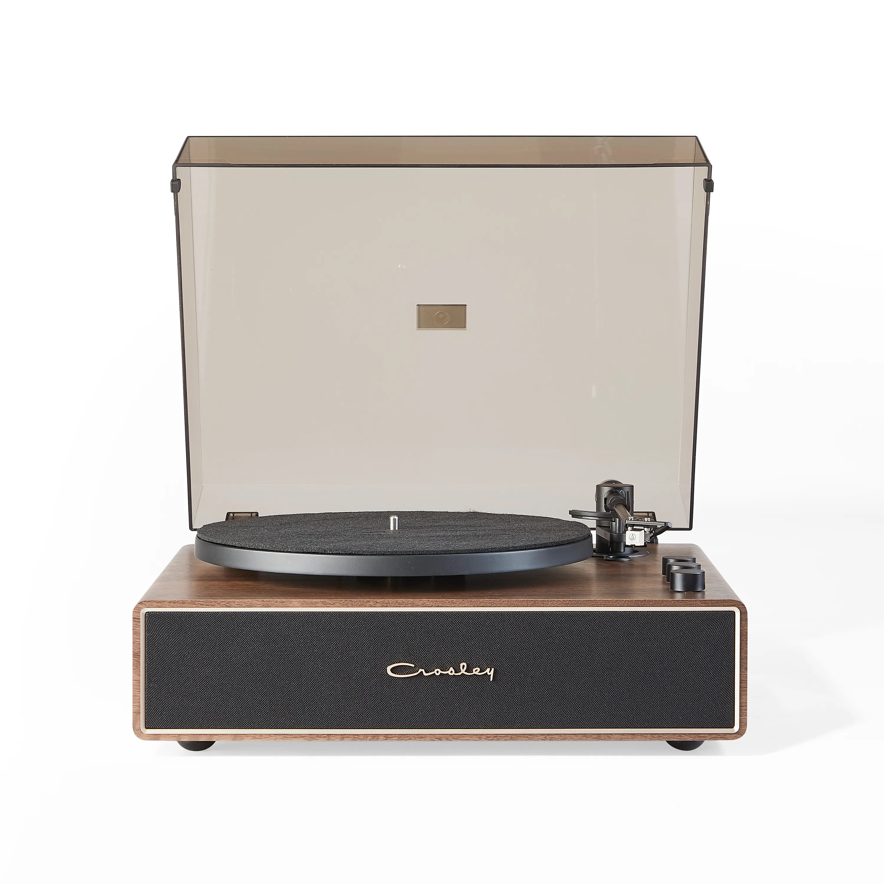Crosley record player with open lid on a white background