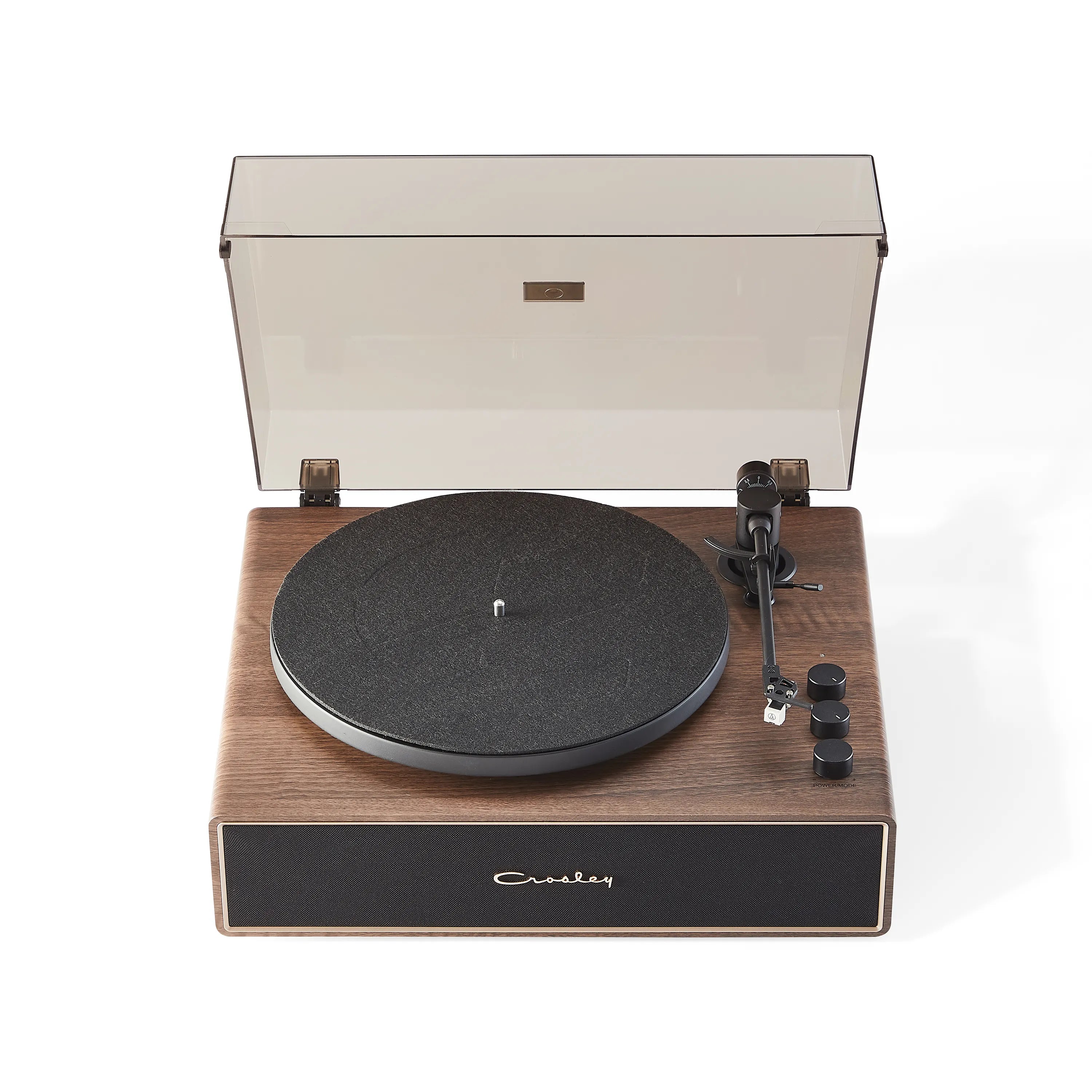 Crosley record player with open lid on a white background
