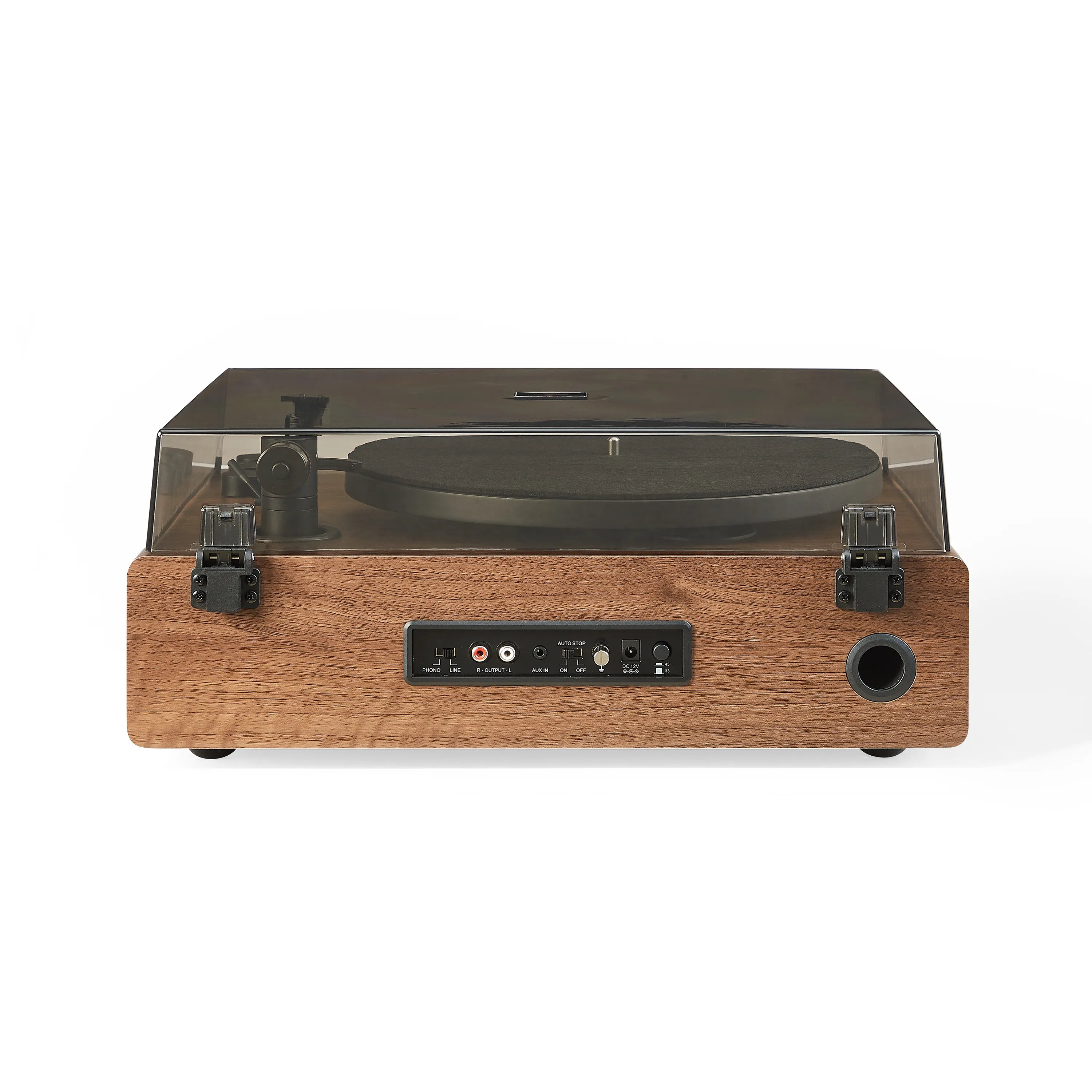 Wooden record player with clear acrylic cover on a white background