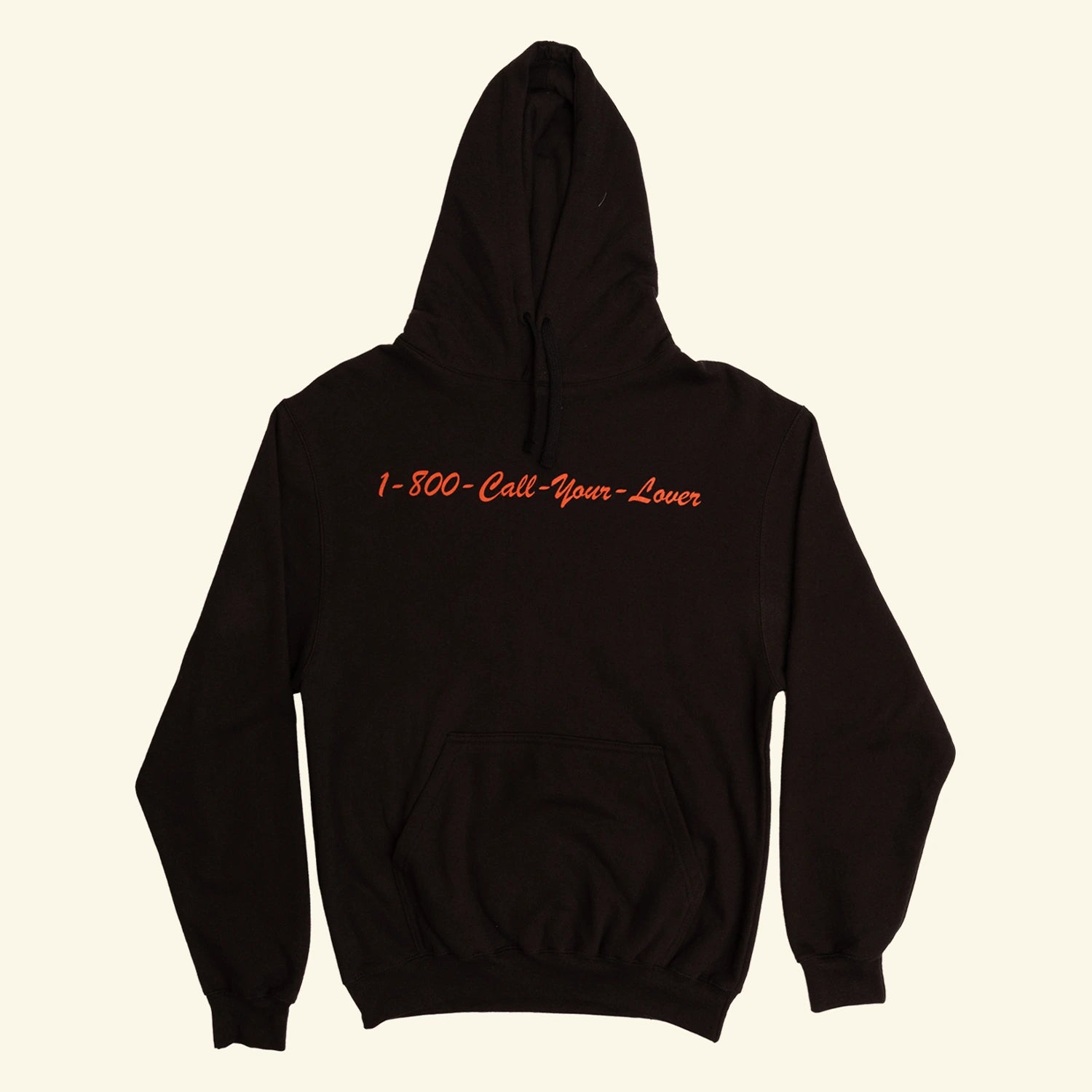 Black hoodie with red text on a beige background
