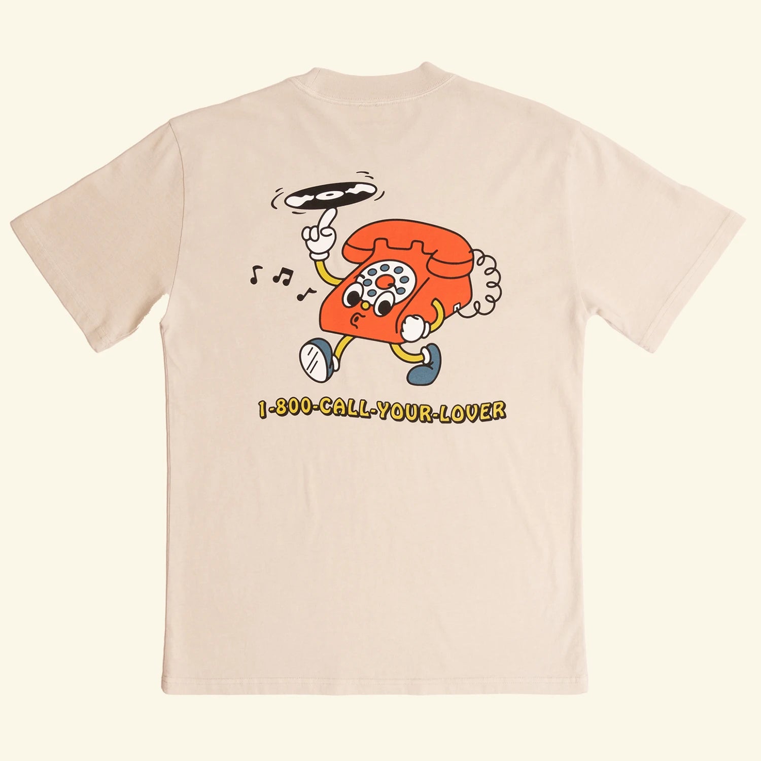 Beige t-shirt with a cartoon phone graphic and text on a white background