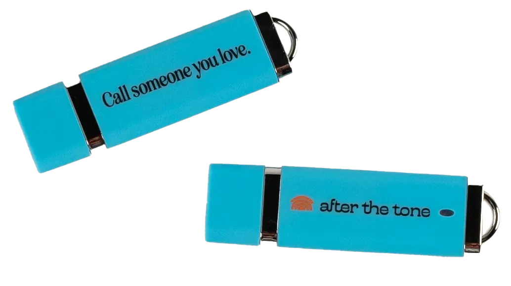 Two blue USB drives with text on a white background