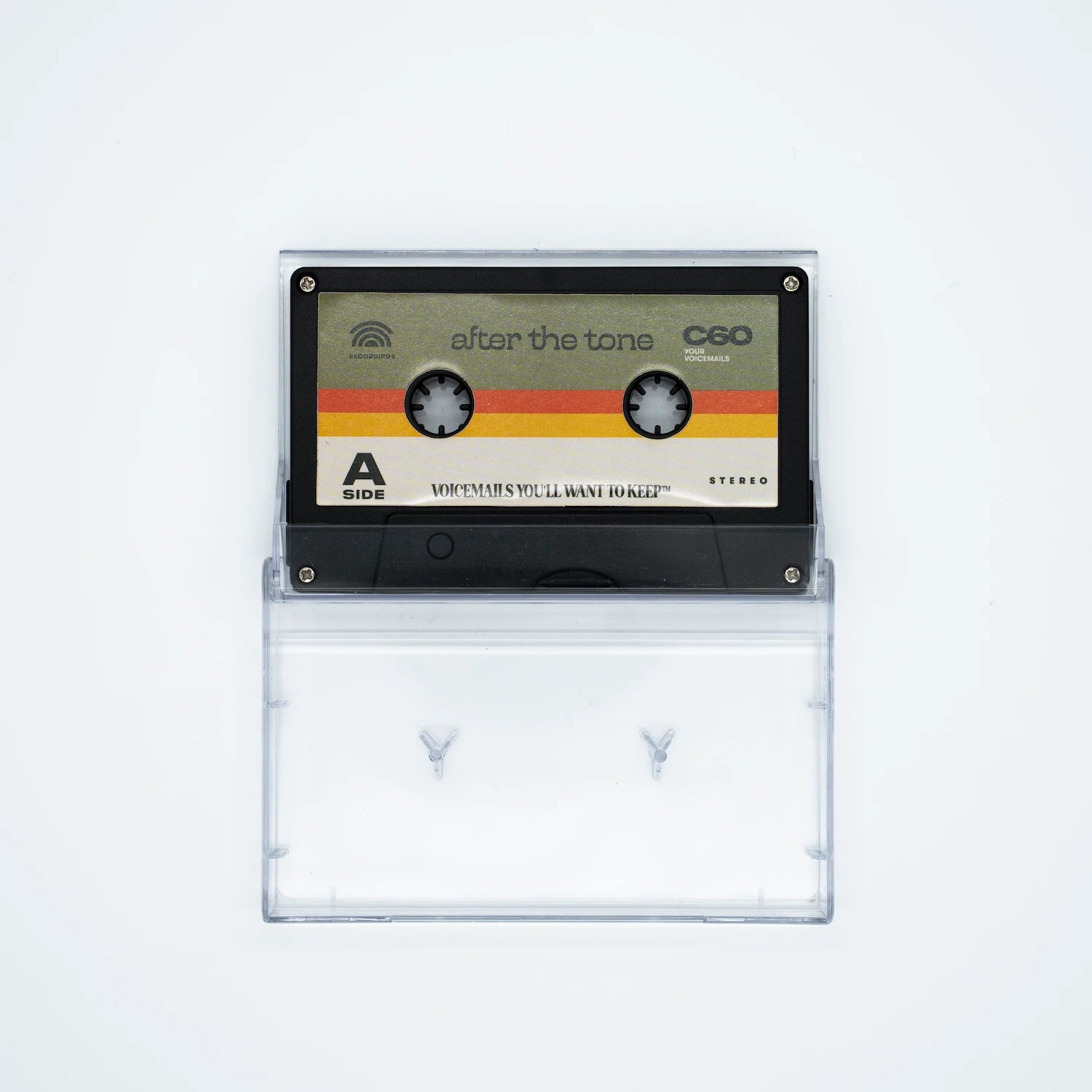 Vintage cassette tape with a clear plastic cover on a white background