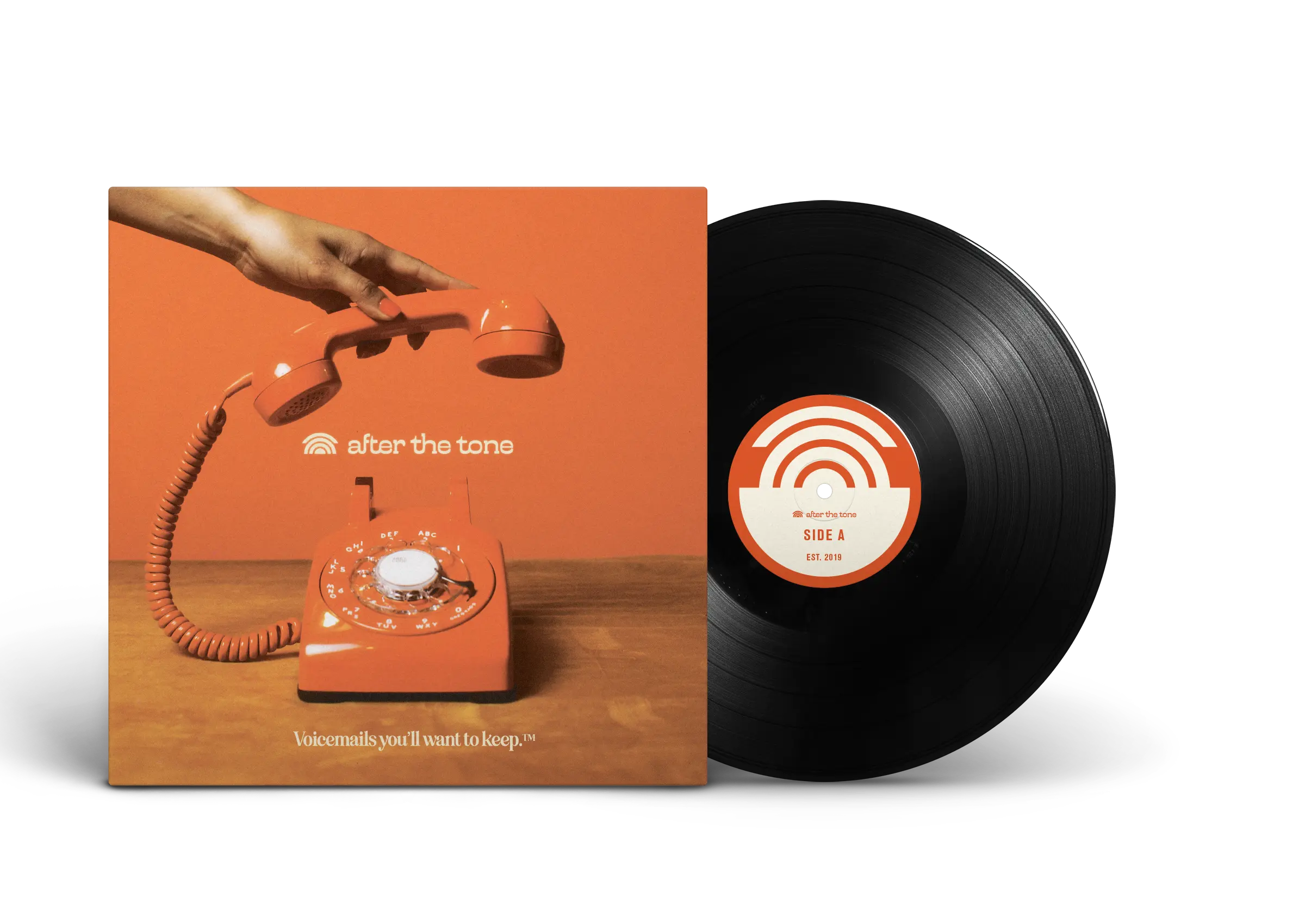 Vinyl record with orange cover featuring a retro telephone and 'After the Tone' branding.