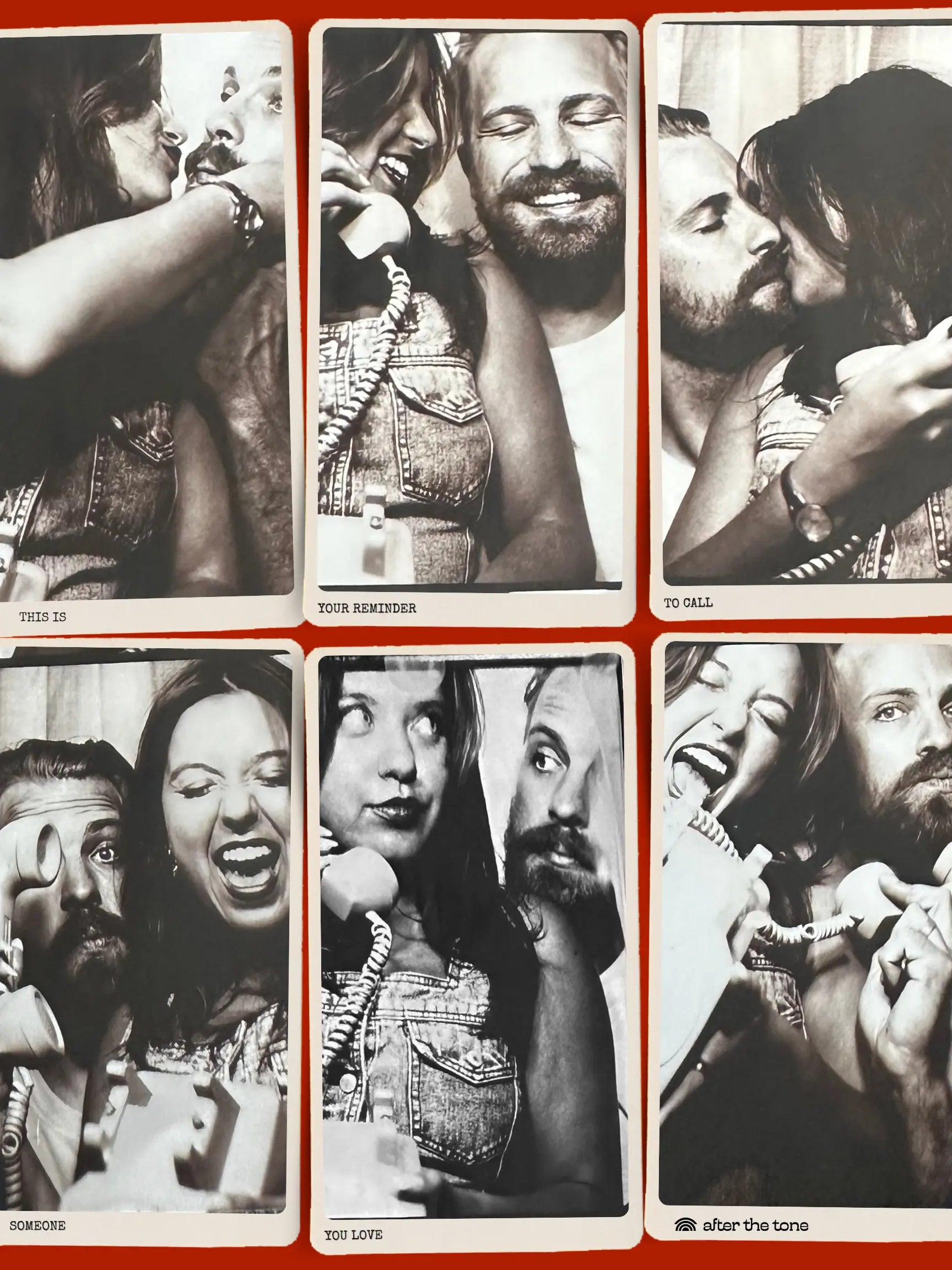 Collage of black and white images of a couple in various poses with text labels.