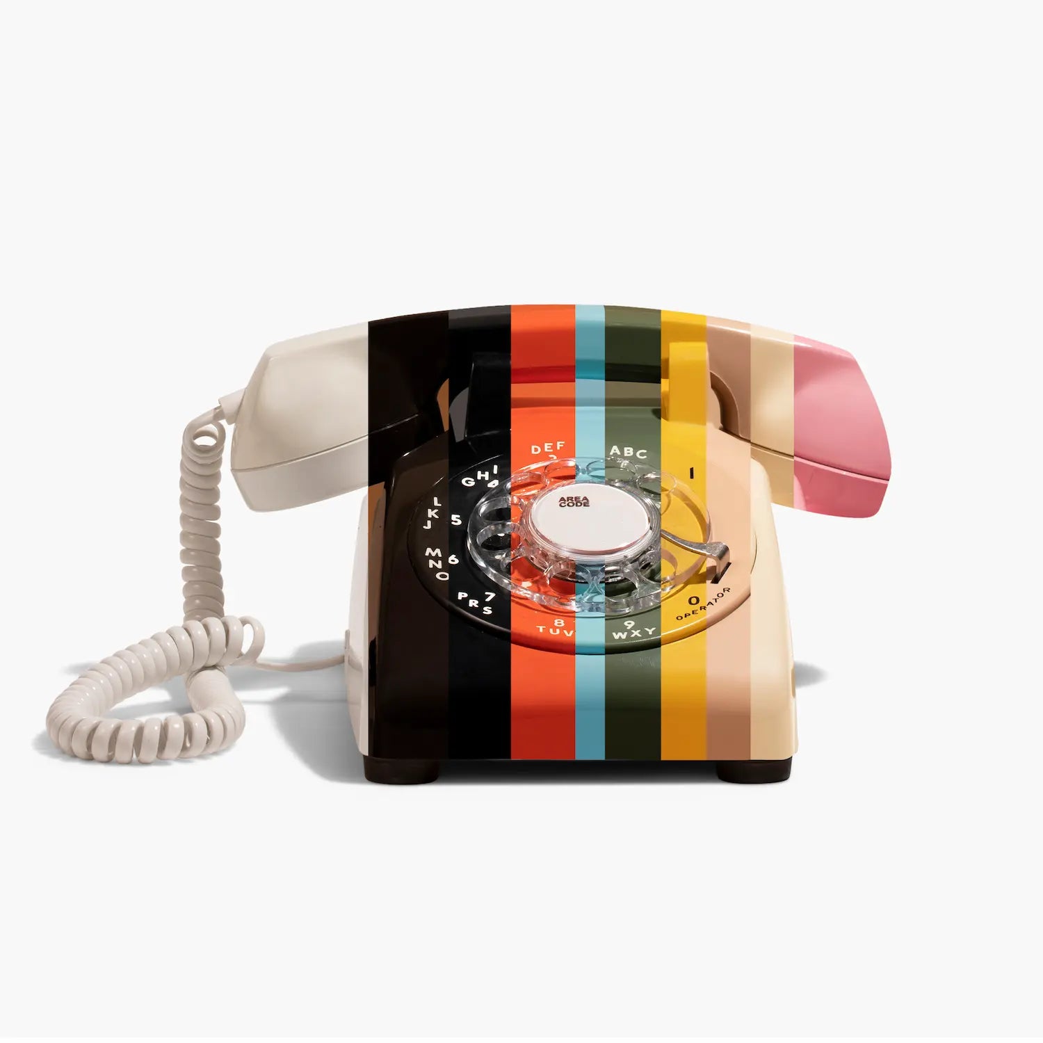 Beautiful striped rotary phone on a white background.