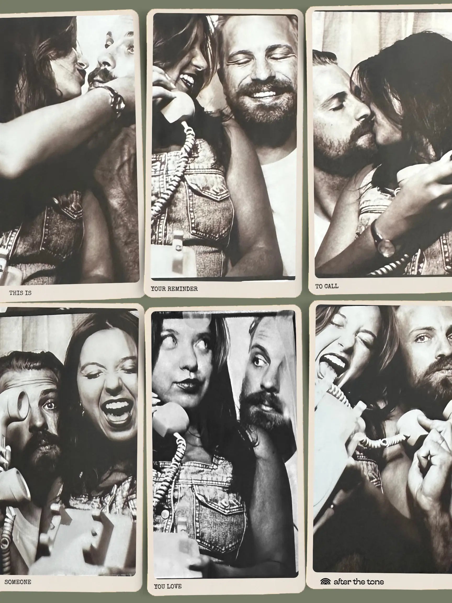 Collage of black and white photos of a couple in various poses with text labels.