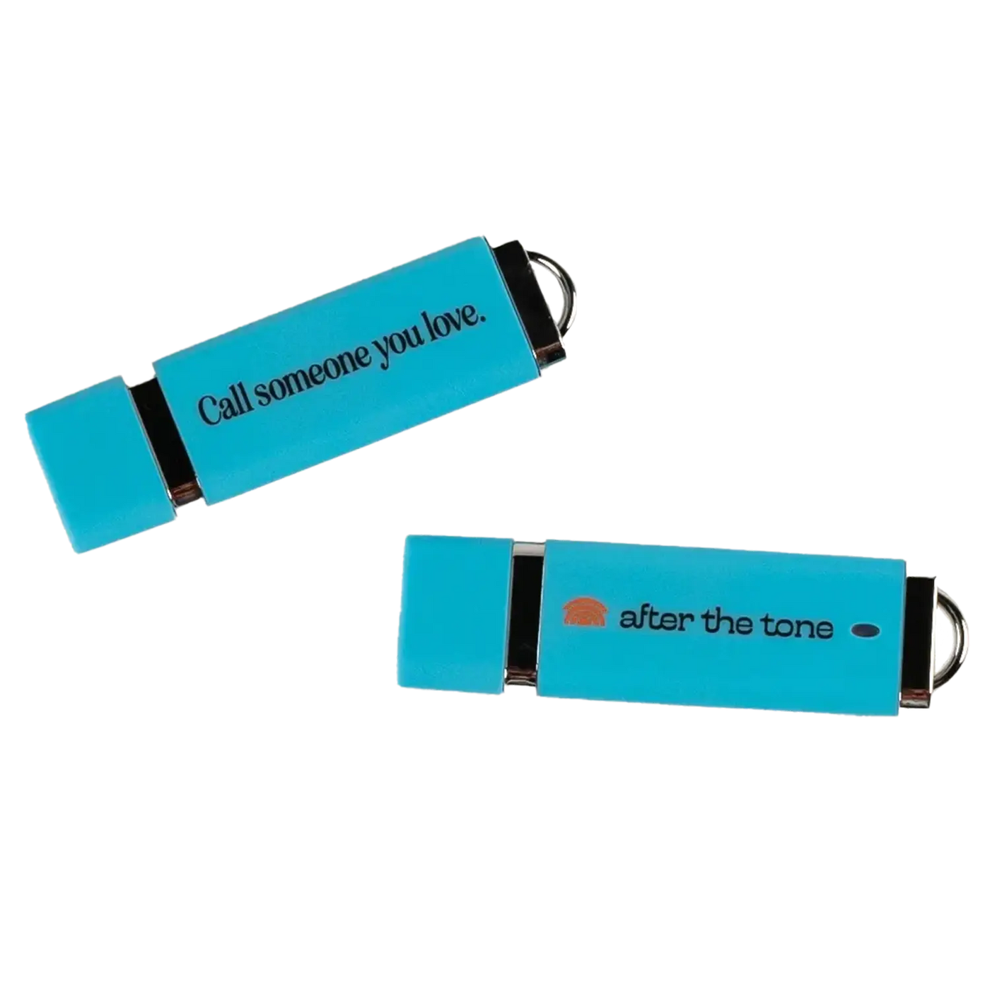 Two blue USB drives with text on a white background