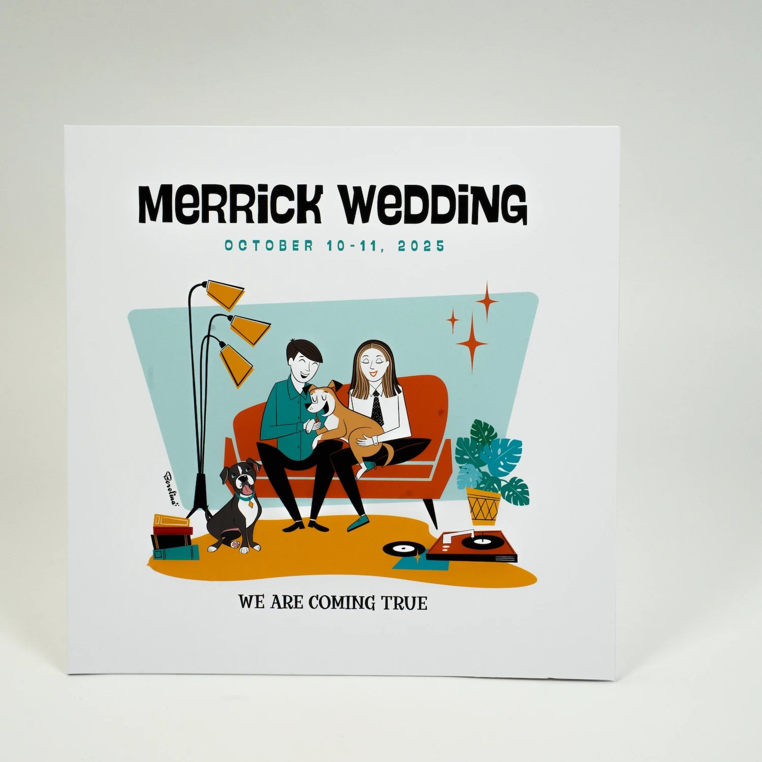 Wedding invitation with illustration of a couple and pets on a couch, featuring text 'Merrick Wedding' and 'October 10-11, 2025'.